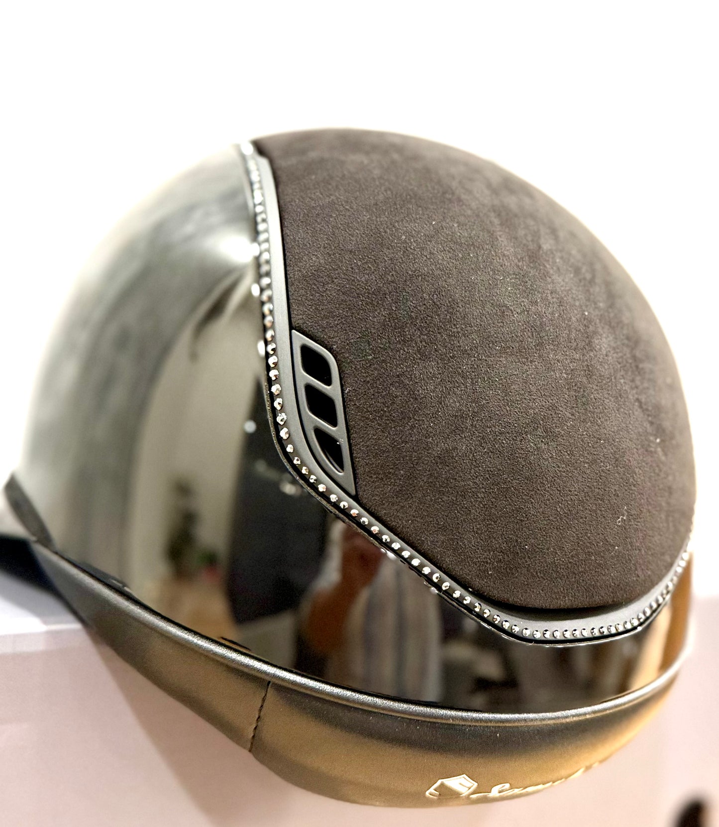 Helmet Miss V2 Glossy - Alcantara - 356 Swarovski Crystal Rails - Black Matt Blazon - Alcantara Top,  5 Jet Hematite Swarovski Crystal - Samshield 2.0 Custom - MSG356ALCE