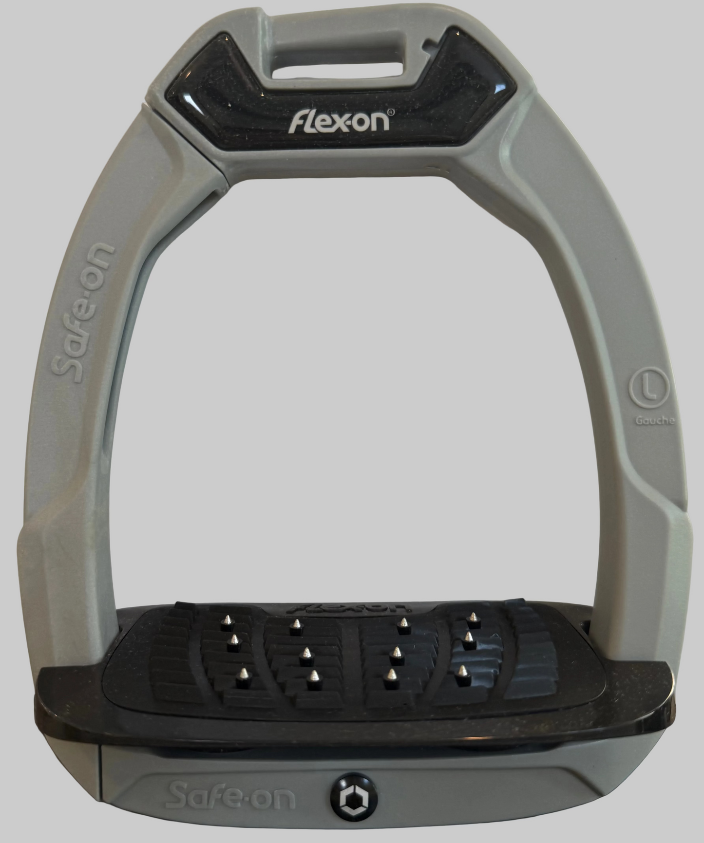 Flexon Stirrup Irons - Safe On - Quick Release - Grey Frame and Black Shock Absorbers - Grip Incline Foot