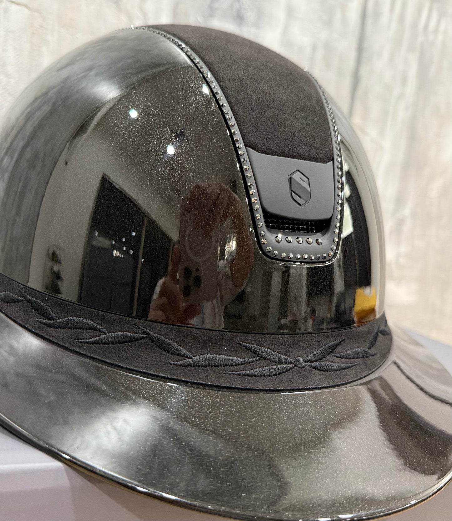 Helmet Miss V2 Glossy - Alcantara - 356 Swarovski Crystal Rails - Black Matt Blazon - Alcantara Top,  5 Jet Hematite Swarovski Crystal - Samshield 2.0 Custom - MSG356ALCE