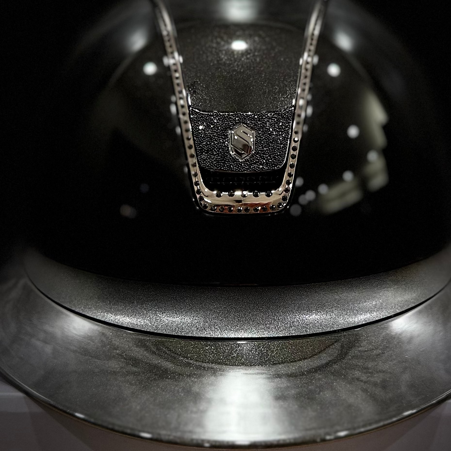 Helmet Miss V2 Glossy - Glossy Top - 356 Black Swarovski Crystal Rail & Black Ultra Fine Rock Blazon - Samshield 2.0 Custom Limited