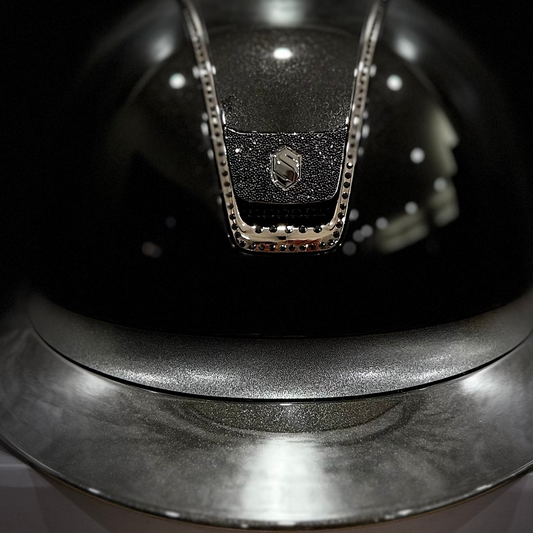 Helmet Miss V2 Glossy - Glossy Top - 356 Black Swarovski Crystal Rail & Black Ultra Fine Rock Blazon - Samshield 2.0 Custom Limited