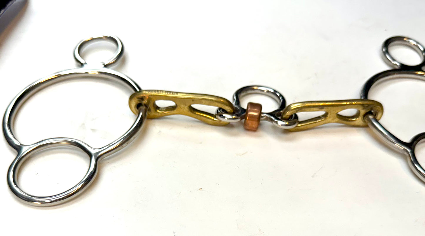 Bit Gag Nelson 1 1/2 Ring Custom Brass Wide Snaffle with Three Piece Copper Roller Avanti Italia