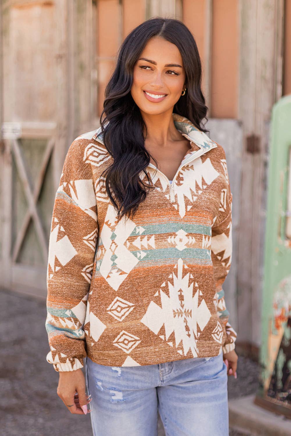 Fashion-W Western Quarter Zip Elastic Cuffs Sweatshirt: As shown / Missy / S