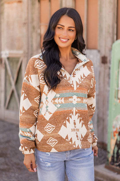 Fashion-W Western Quarter Zip Elastic Cuffs Sweatshirt: As shown / Missy / S