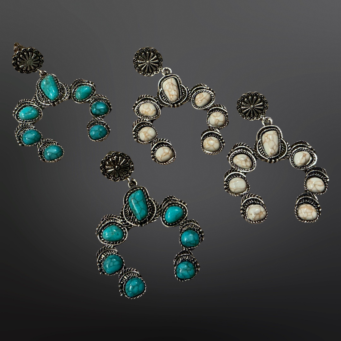 Faux Turquoise Naja Squash Blossom Earrings: Blue Turquoise