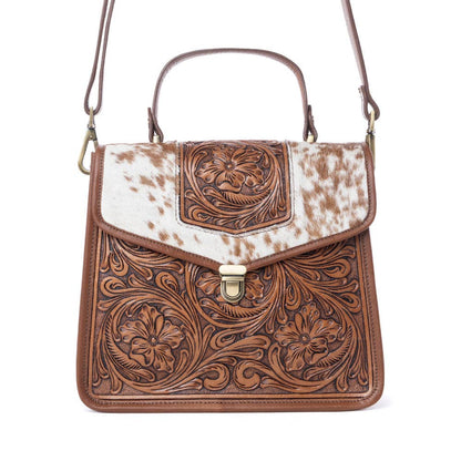 Duchess Hairon Handtooled Flap and Button Leather Satchel in Mocha Cream: Mocha Cream