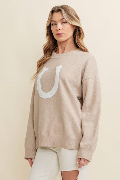 CSW13668 - HORSE SHOE PULLOVER SWEATER: Beige / M