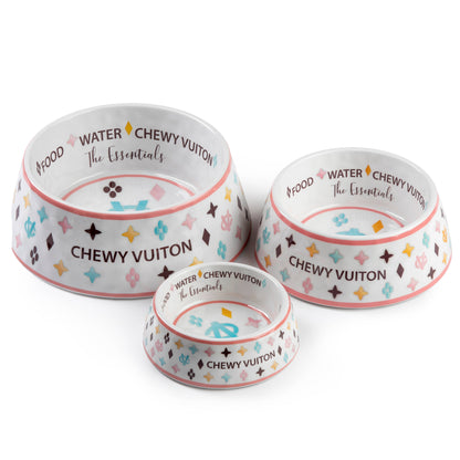 White Chewy Vuiton Bowls & Mat  Set Dog Food Bowl: Medium