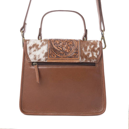 Duchess Hairon Handtooled Flap and Button Leather Satchel in Mocha Cream: Mocha Cream