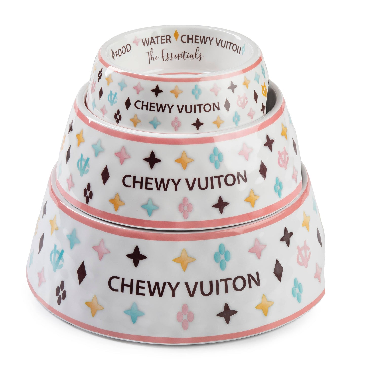 White Chewy Vuiton Bowls & Mat  Set Dog Food Bowl: Medium