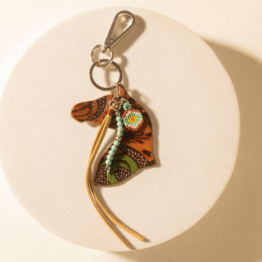 Western Star Horse Handtooled Leather Key Fob in Amber Turquoise: Amber Turquoise