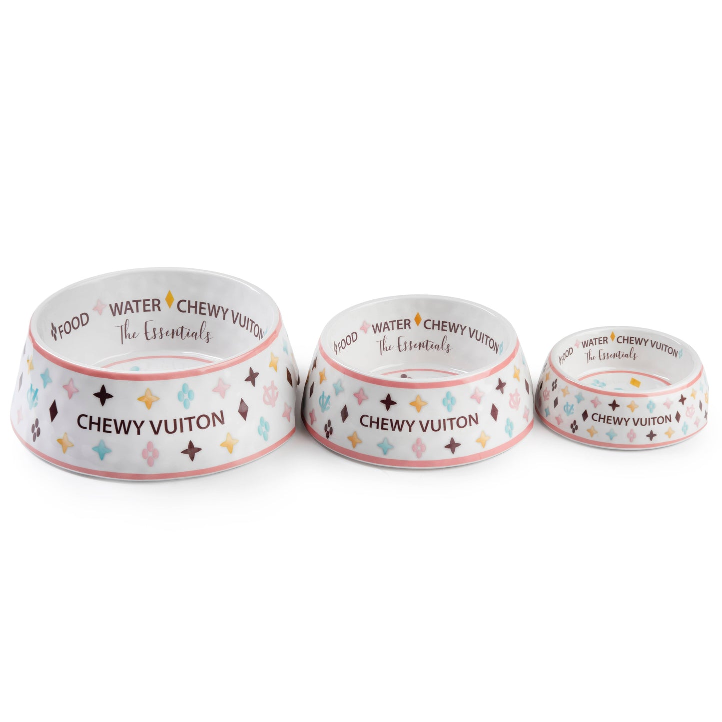 White Chewy Vuiton Bowls & Mat  Set Dog Food Bowl: Medium