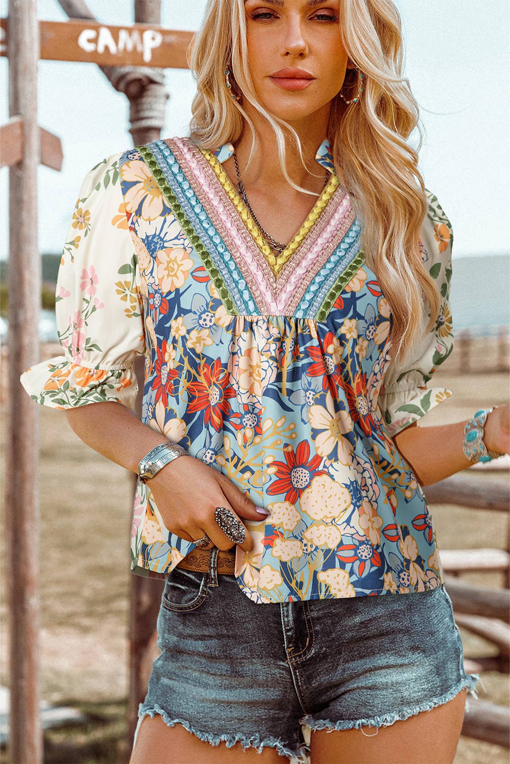 Fashion-W Crochet Boho Half & Long Sleeve Floral Blouse: As shown / Missy / L