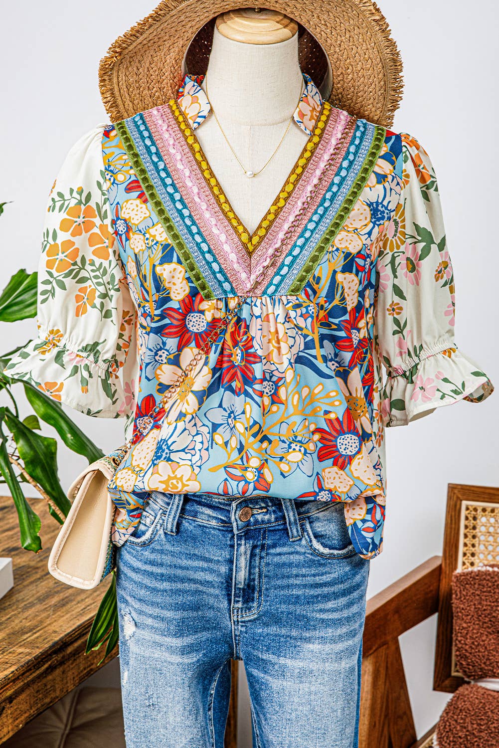 Fashion-W Crochet Boho Half & Long Sleeve Floral Blouse: As shown / Missy / M