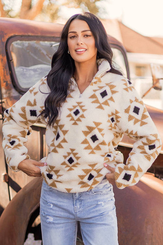 Fashion-W Western Sherpa Quarter Zip Collar Sweatshirt: As shown / Missy / XL