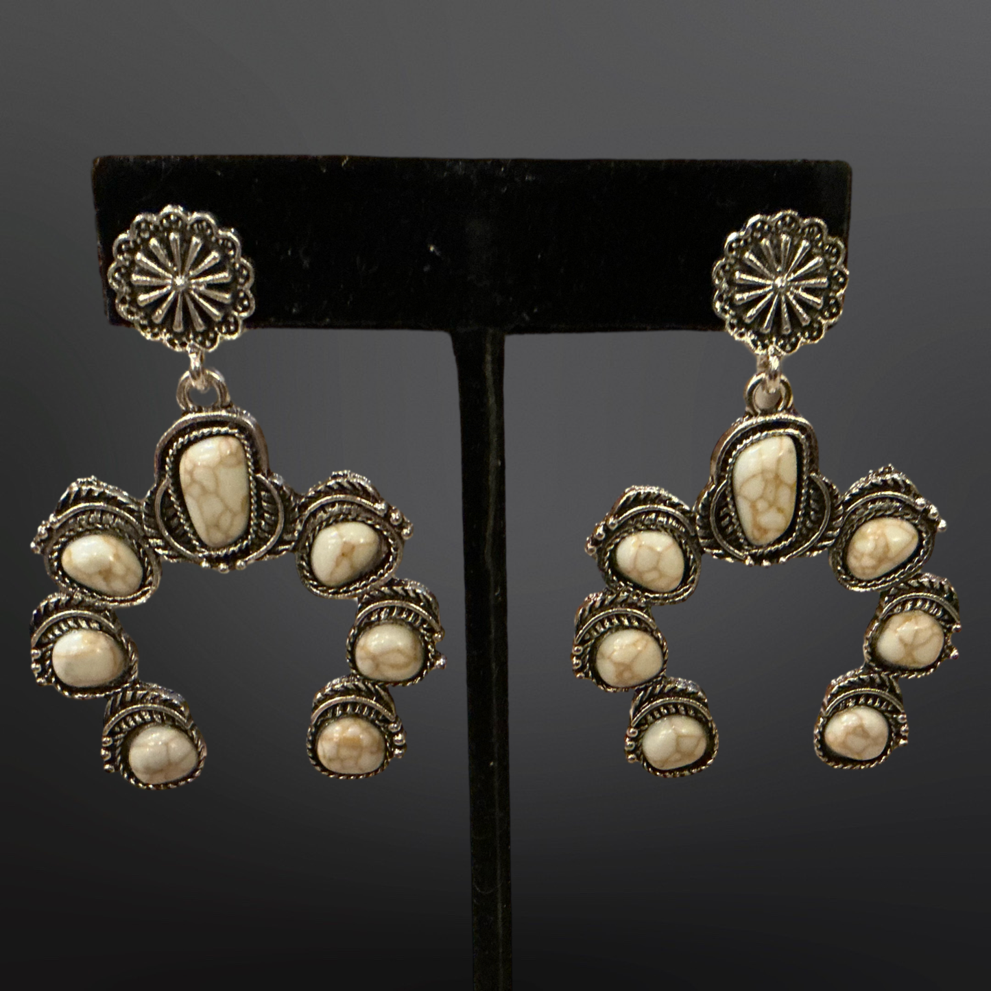 Faux Turquoise Naja Squash Blossom Earrings: White Turquoise