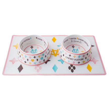 White Chewy Vuiton Bowls & Mat  Set Dog Food Bowl: Medium