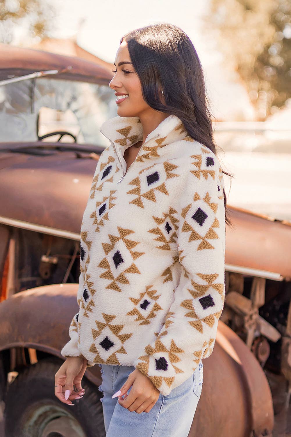 Fashion-W Western Sherpa Quarter Zip Collar Sweatshirt: As shown / Missy / XL