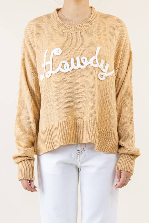 CSW10287Y - "HOWDY" EMBROIDERED KNIT SWEATER: Baby Pink / M