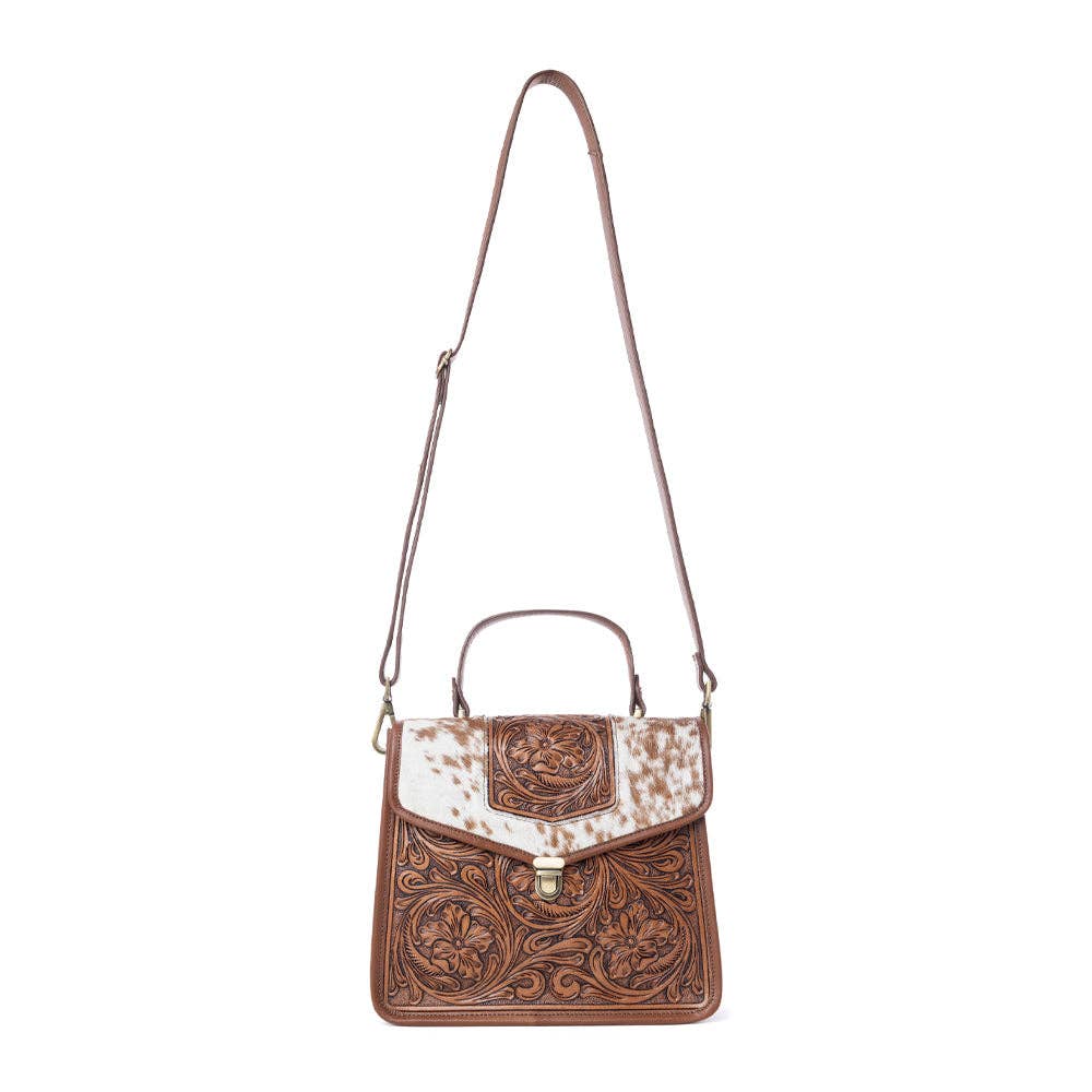 Duchess Hairon Handtooled Flap and Button Leather Satchel in Mocha Cream: Mocha Cream