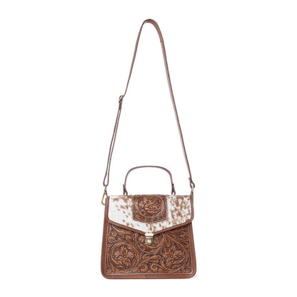 Duchess Hairon Handtooled Flap and Button Leather Satchel in Mocha Cream: Mocha Cream